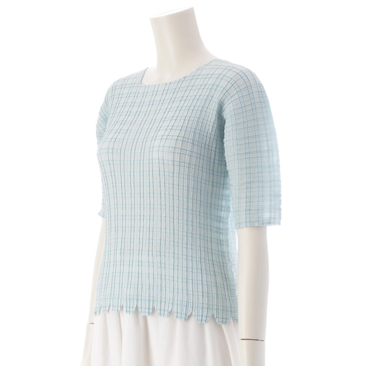 ISSEY MIYAKE Box pleated, rounded hem, cloud print, short sleeves, crew neck tops IM02FJ918 Light blue M