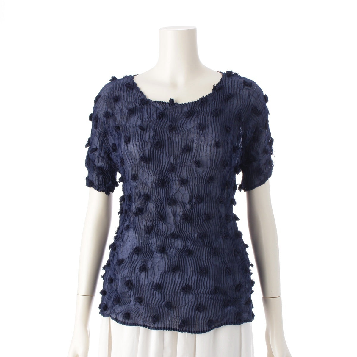 ISSEY MIYAKE Pleated Poly Embroidered Sheer Short Sleeve tops IM92-FJ951 Navy M