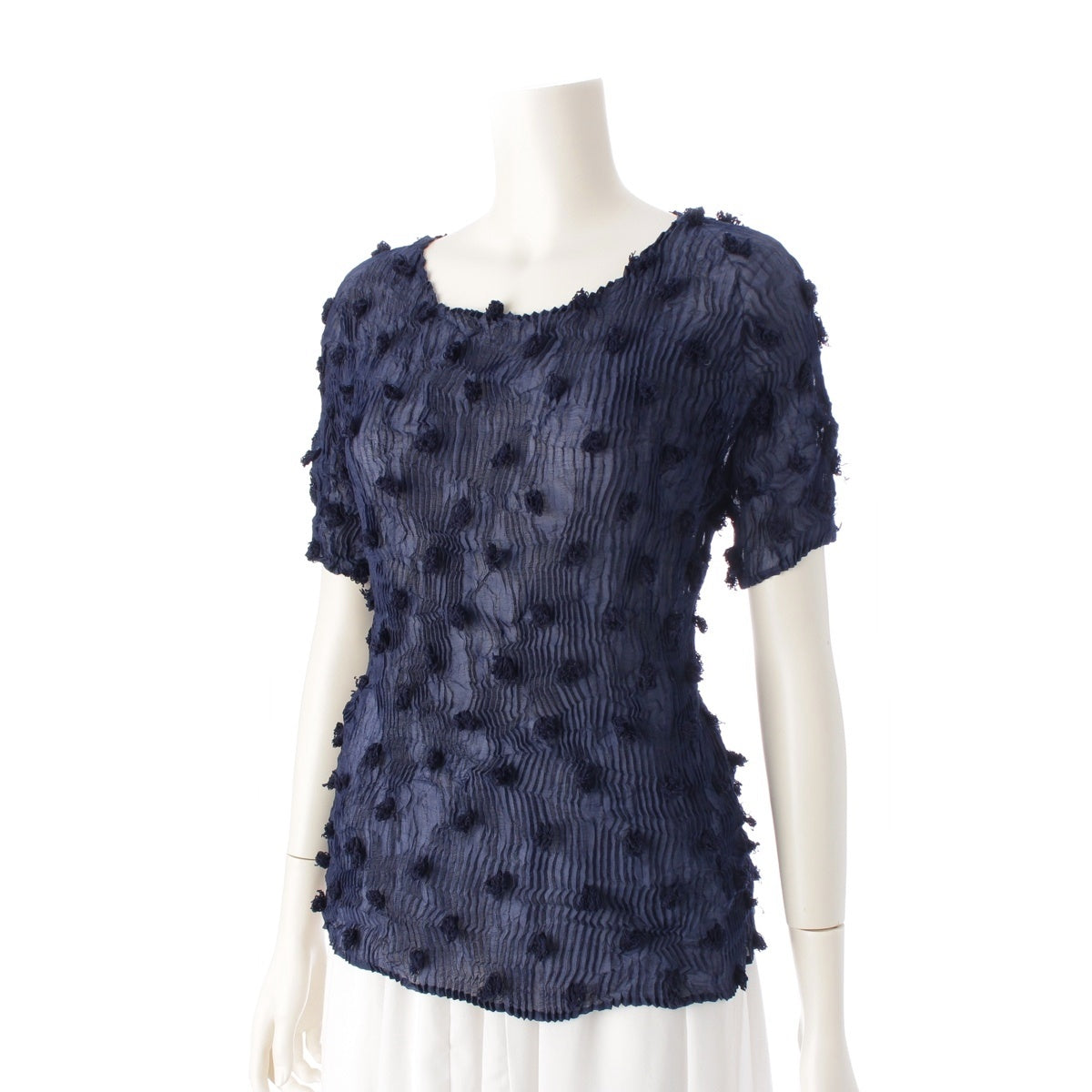 ISSEY MIYAKE Pleated Poly Embroidered Sheer Short Sleeve tops IM92-FJ951 Navy M