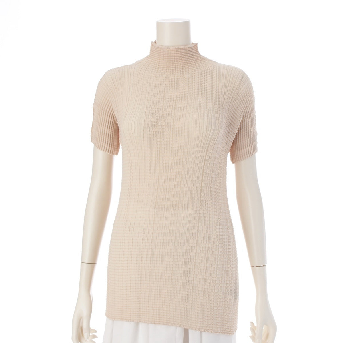 ISSEY MIYAKE Pleated High Neck Short Sleeve Cut beige 2