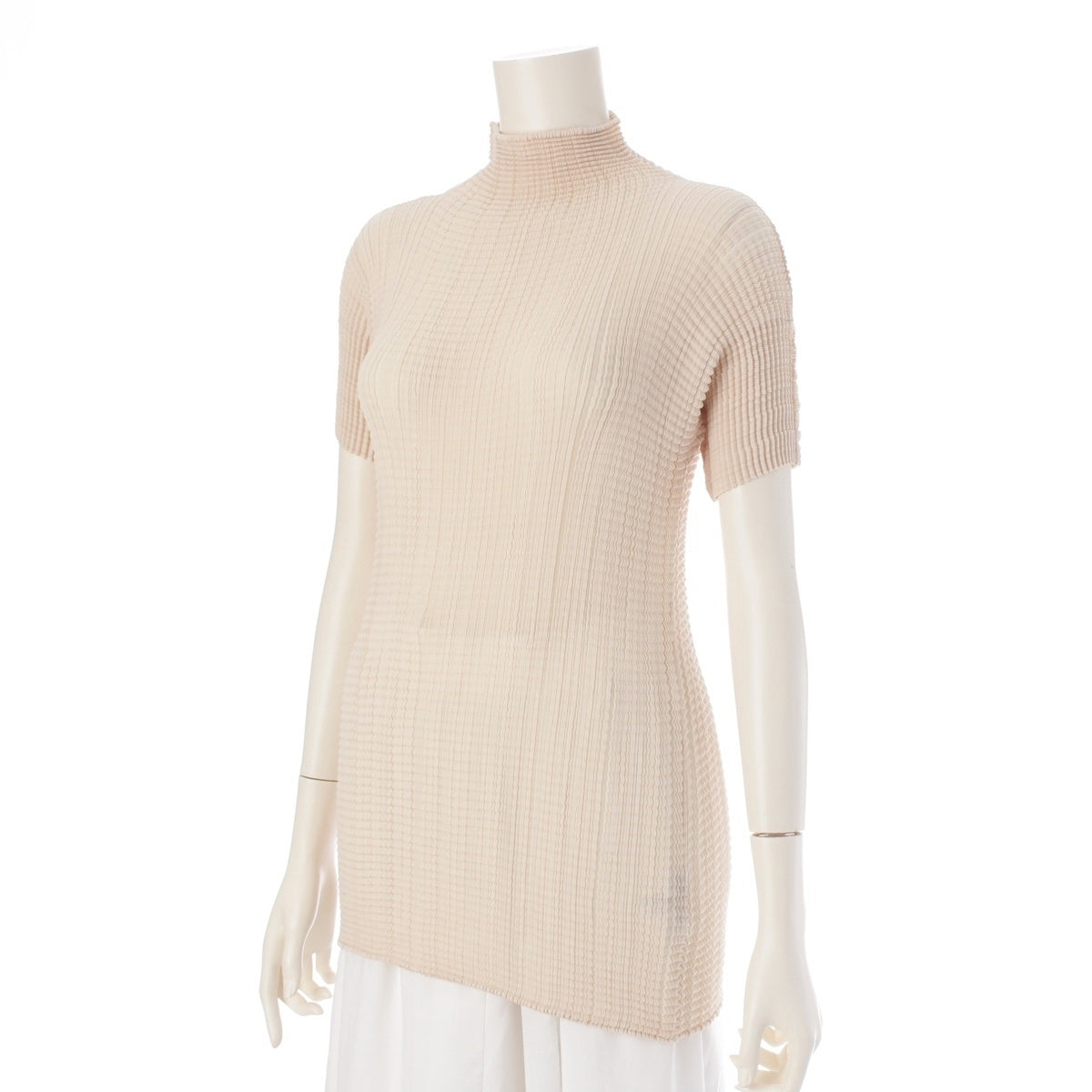 ISSEY MIYAKE Pleated High Neck Short Sleeve Cut beige 2