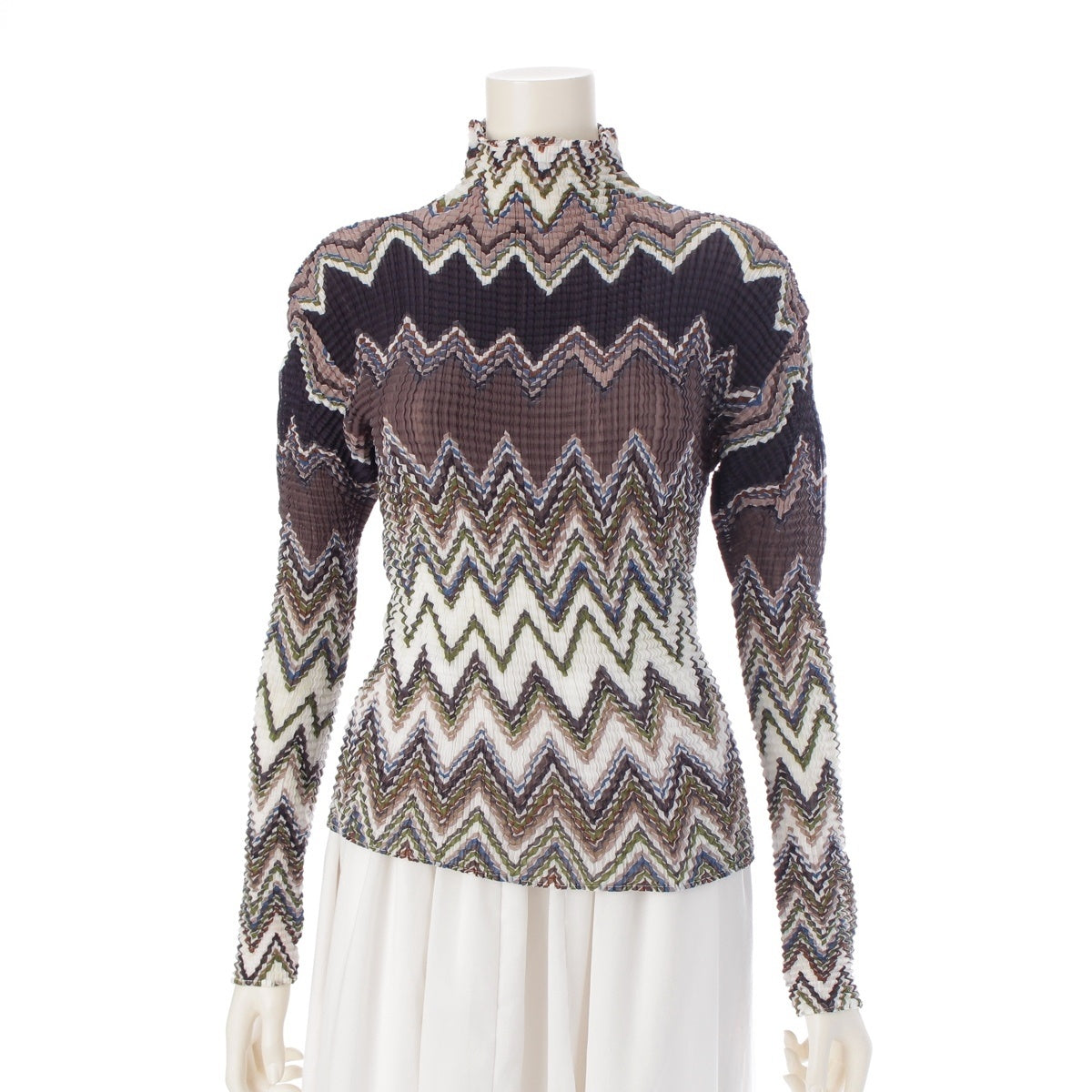 ISSEY MIYAKE Zigzag border all-over print pleated bottle neck Long-sleeved T-shirt tops IM92-FT053 multicolor M