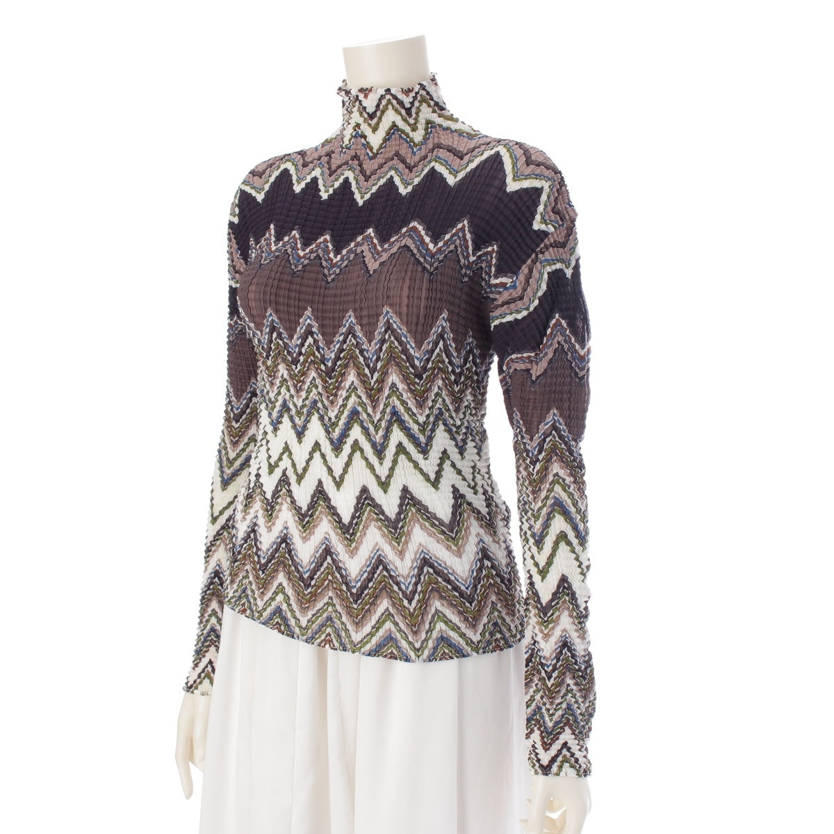 ISSEY MIYAKE Zigzag border all-over print pleated bottle neck Long-sleeved T-shirt tops IM92-FT053 multicolor M
