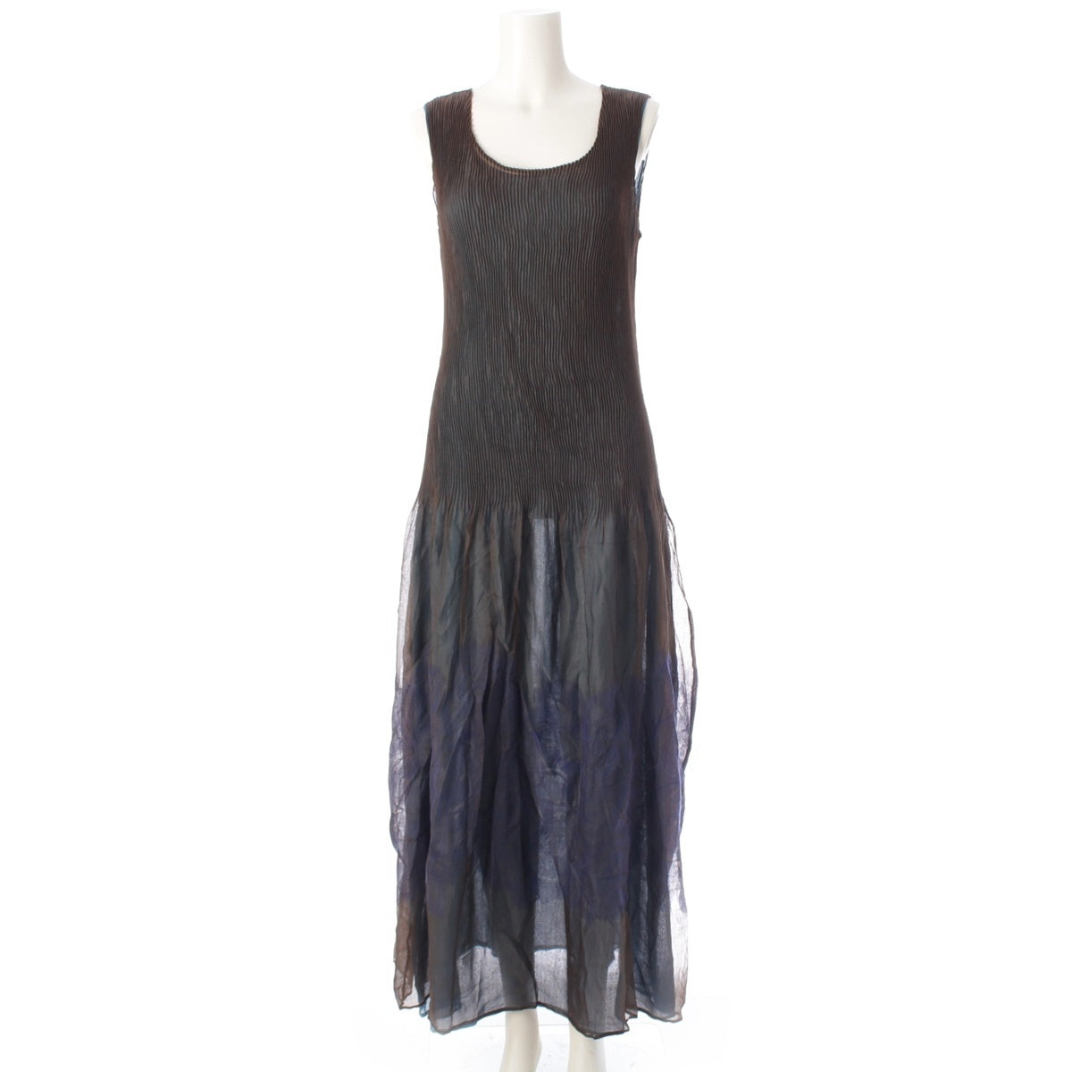 ISSEY MIYAKE Embroidered Pleated Layered Sheer Sleeveless one piece dress IM24FH913 Turquoise Dark Brown 4