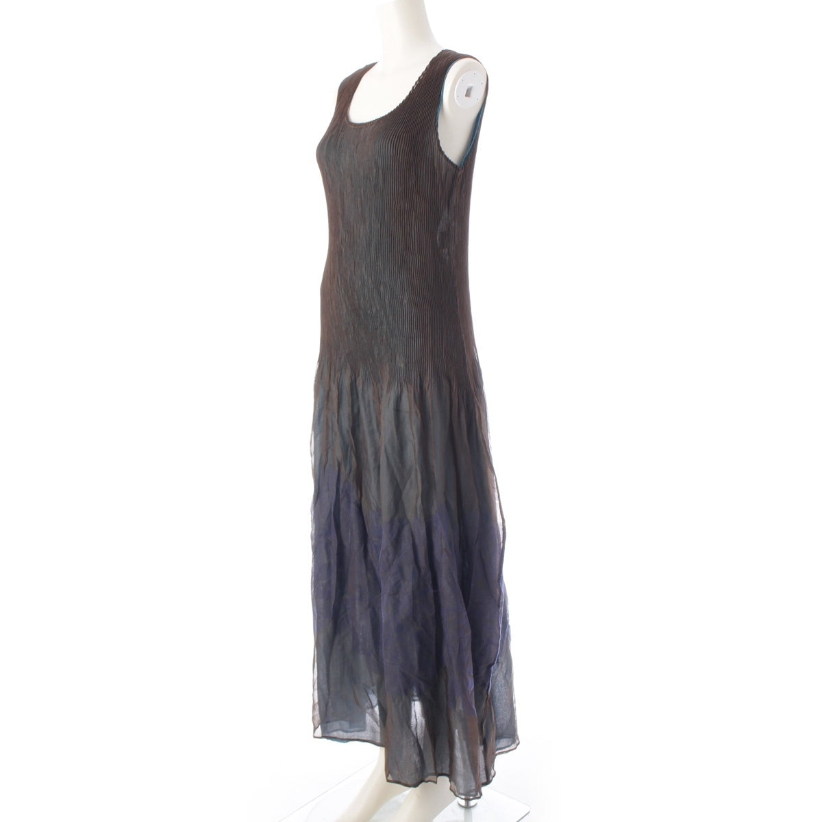 ISSEY MIYAKE Embroidered Pleated Layered Sheer Sleeveless one piece dress IM24FH913 Turquoise Dark Brown 4