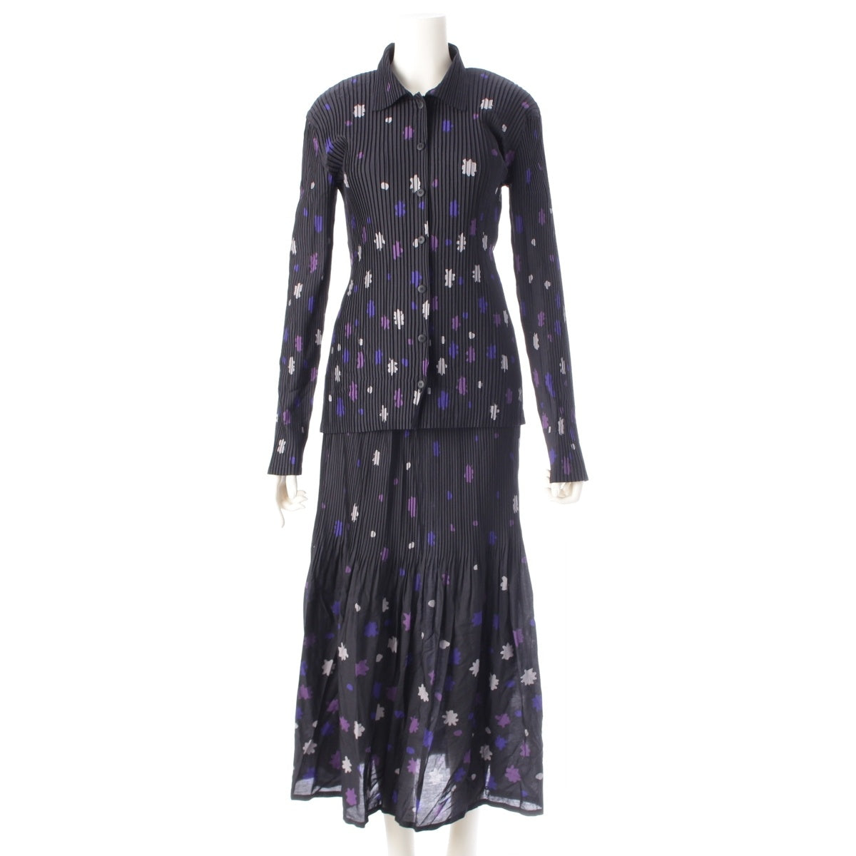 ISSEY MIYAKE Pleated Flower Abstract All-Over Pattern 3 piece setup IM24FJ523 / IM24FJ528 / IM24FG941 black purple 3