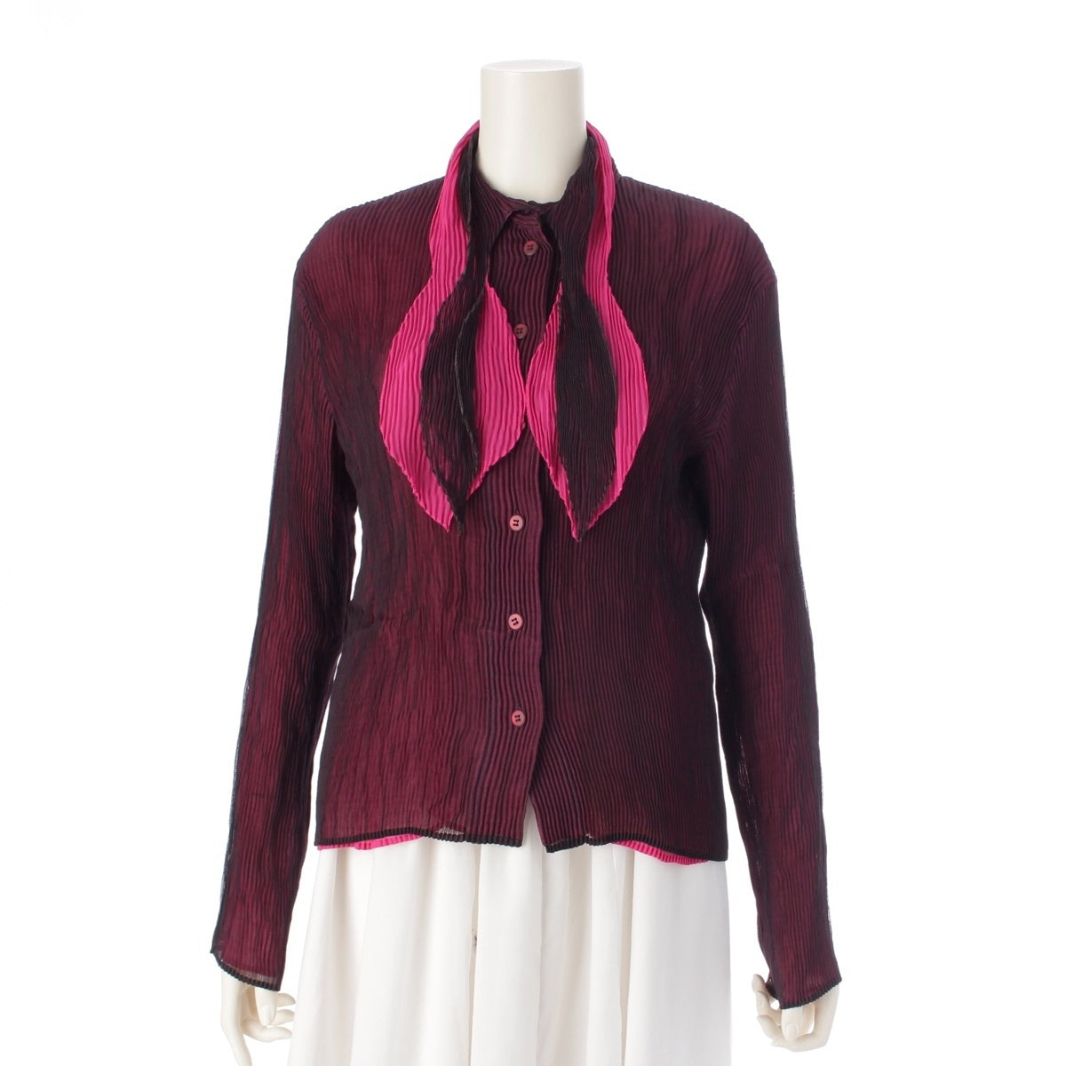 ISSEY MIYAKE Leats, ribbon collar, tie design, layered, sheer, long sleeves cardigan tops IM24FJ961 Bordeaux pink 3