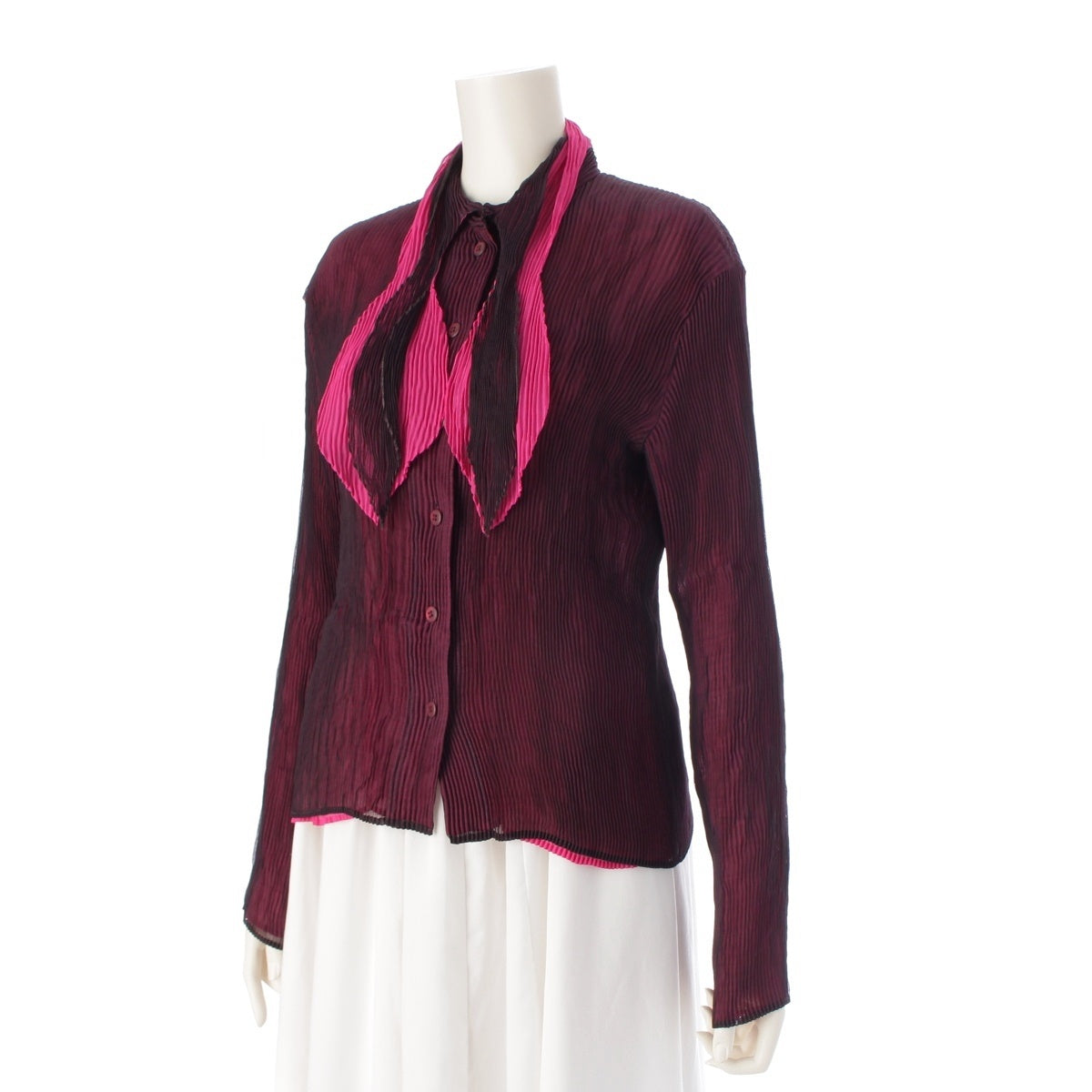 ISSEY MIYAKE Leats, ribbon collar, tie design, layered, sheer, long sleeves cardigan tops IM24FJ961 Bordeaux pink 3