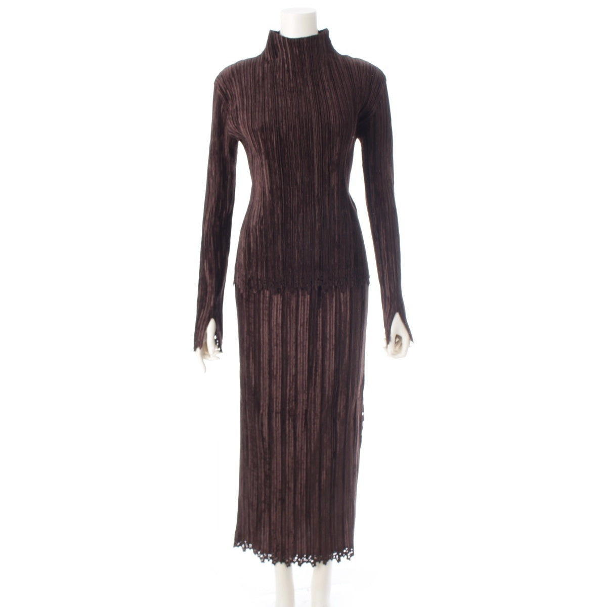 ISSEY MIYAKE Velor-like Ultrasonic cutting at the hem, high neck cut and sew, slit, long Skirt setup IM04-FG969/IM04FJ963 Brown 3