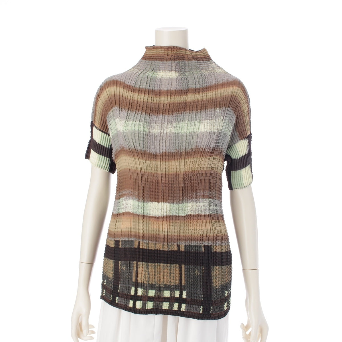 ISSEY MIYAKE Pleated all-over square stripe short sleeve bottle neck Cut tops IM92-FT050 multicolor M