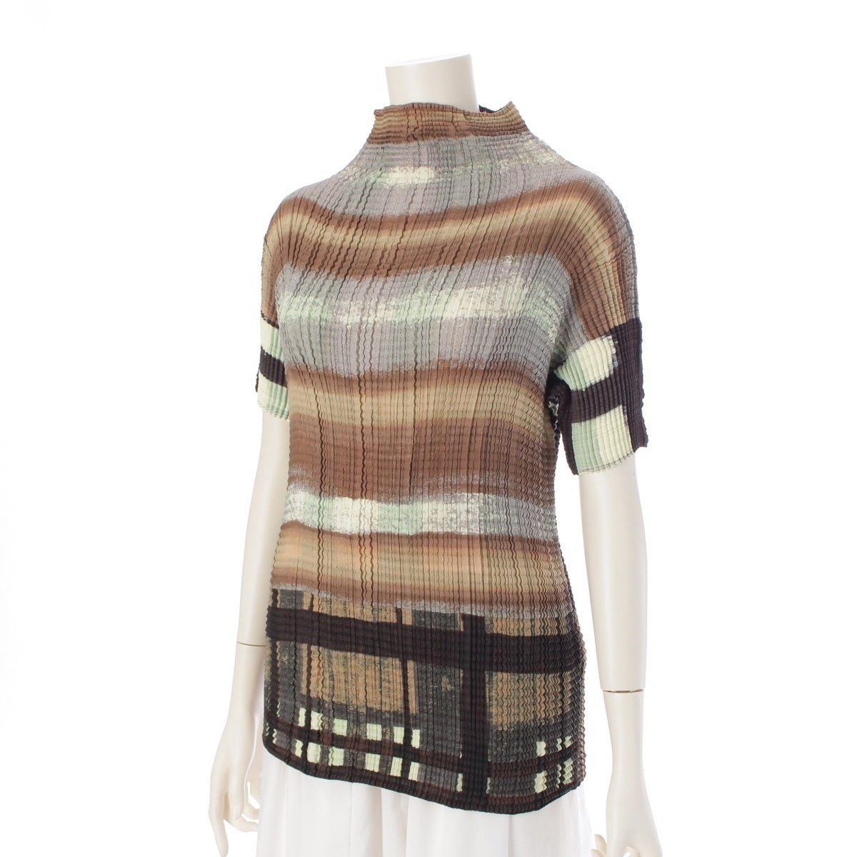 ISSEY MIYAKE Pleated all-over square stripe short sleeve bottle neck Cut tops IM92-FT050 multicolor M