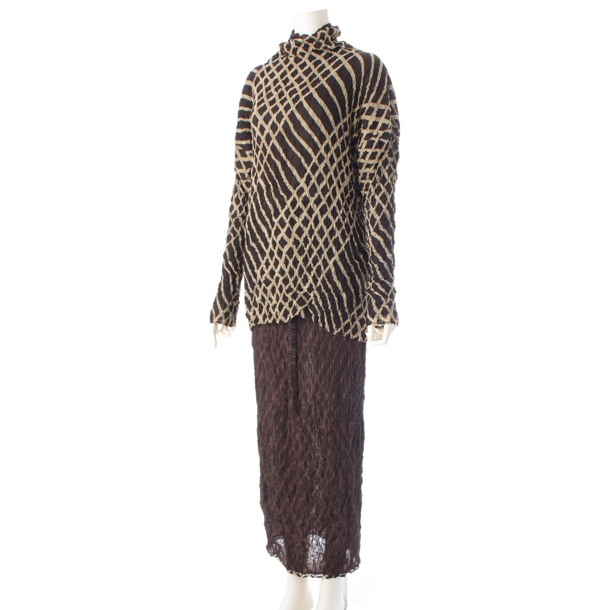 ISSEY MIYAKE Diagonal bias check cross set 3 piece Long cardigan, long skirt, bottle neck top Dark brown beige L