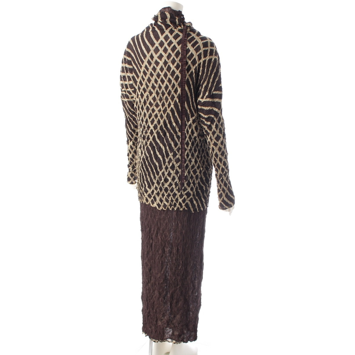 ISSEY MIYAKE Diagonal bias check cross set 3 piece Long cardigan, long skirt, bottle neck top Dark brown beige L