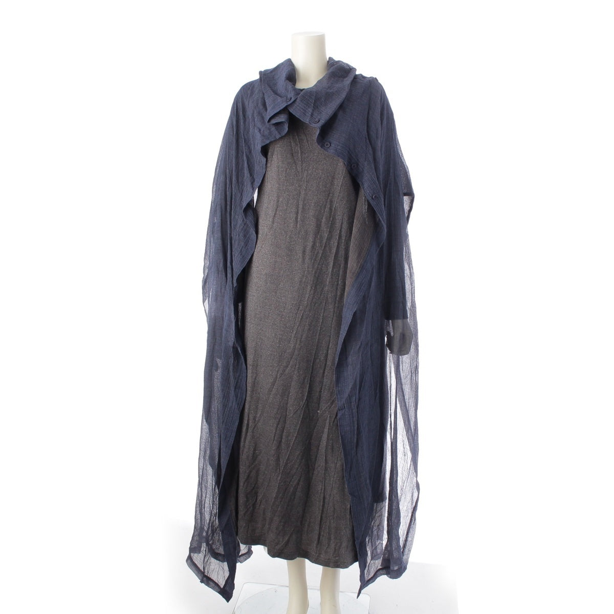 ISSEY MIYAKE Wool silk blend Stretch inner layered 3/4 sleeve coat outer IM93-JH014 Gray navy L