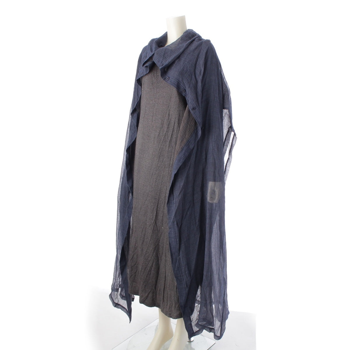 ISSEY MIYAKE Wool silk blend Stretch inner layered 3/4 sleeve coat outer IM93-JH014 Gray navy L