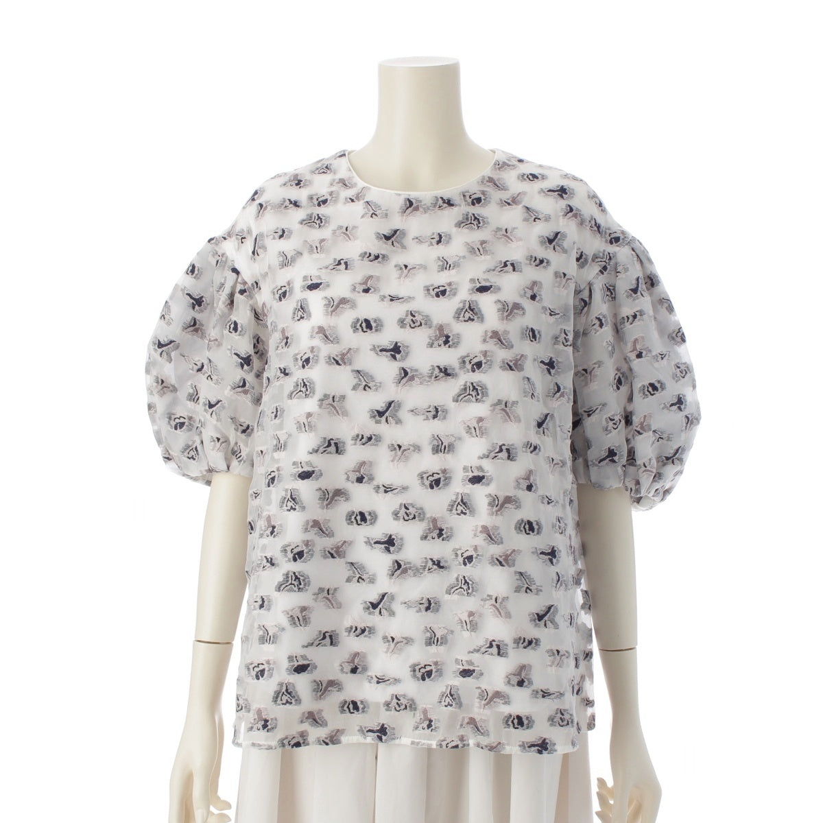 Drawer Cotton nylon PRE2 Organ Cut Jacquard Short Puff Sleeve Shirt blouse tops 6517-206-0723 White navy ‐