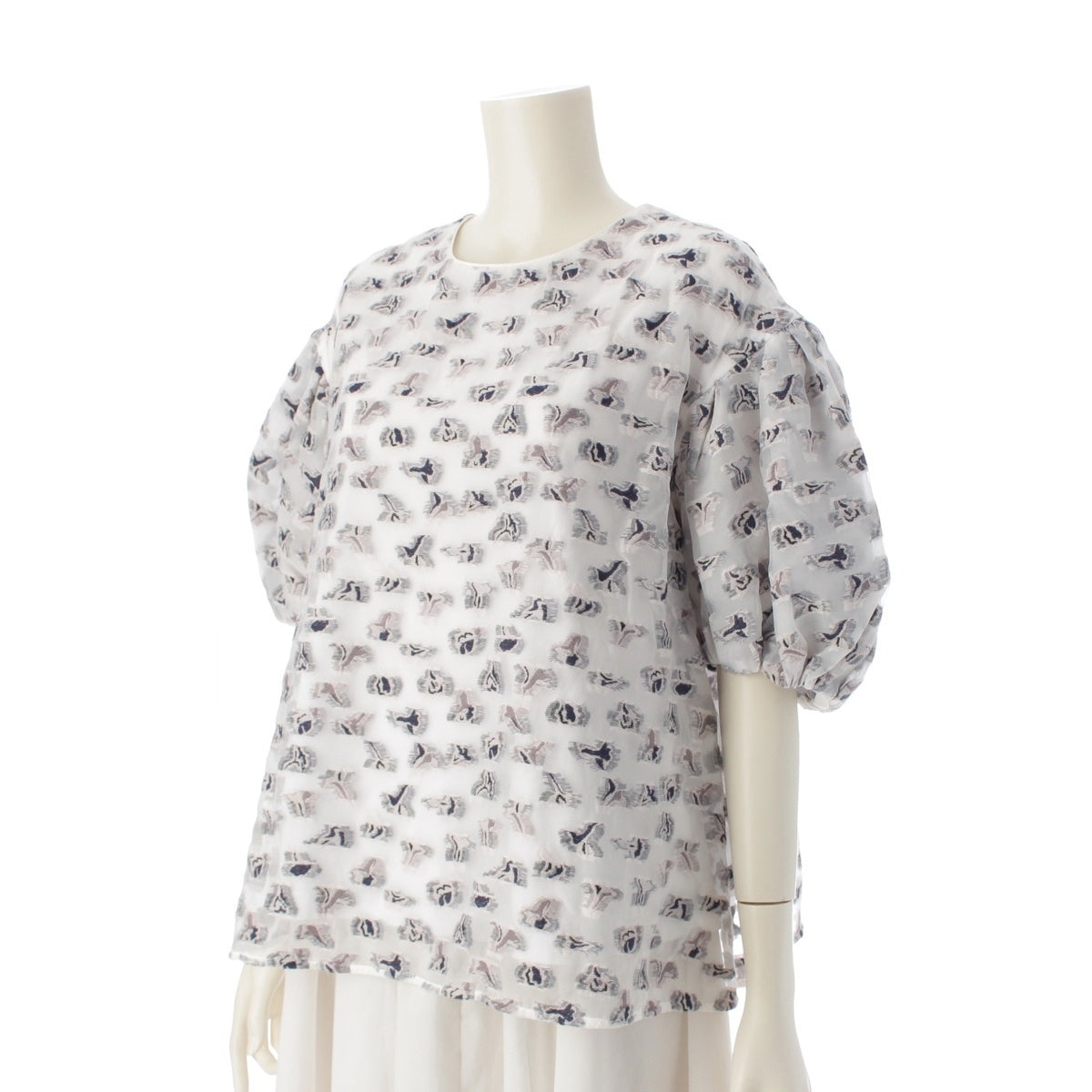 Drawer Cotton nylon PRE2 Organ Cut Jacquard Short Puff Sleeve Shirt blouse tops 6517-206-0723 White navy ‐