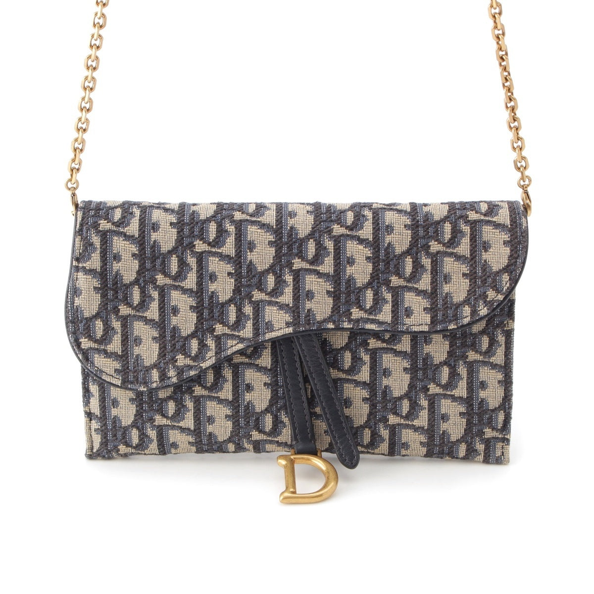 Dior canvas Oblique Saddle Wallet on Purse Chain Shoulder Bag Navy