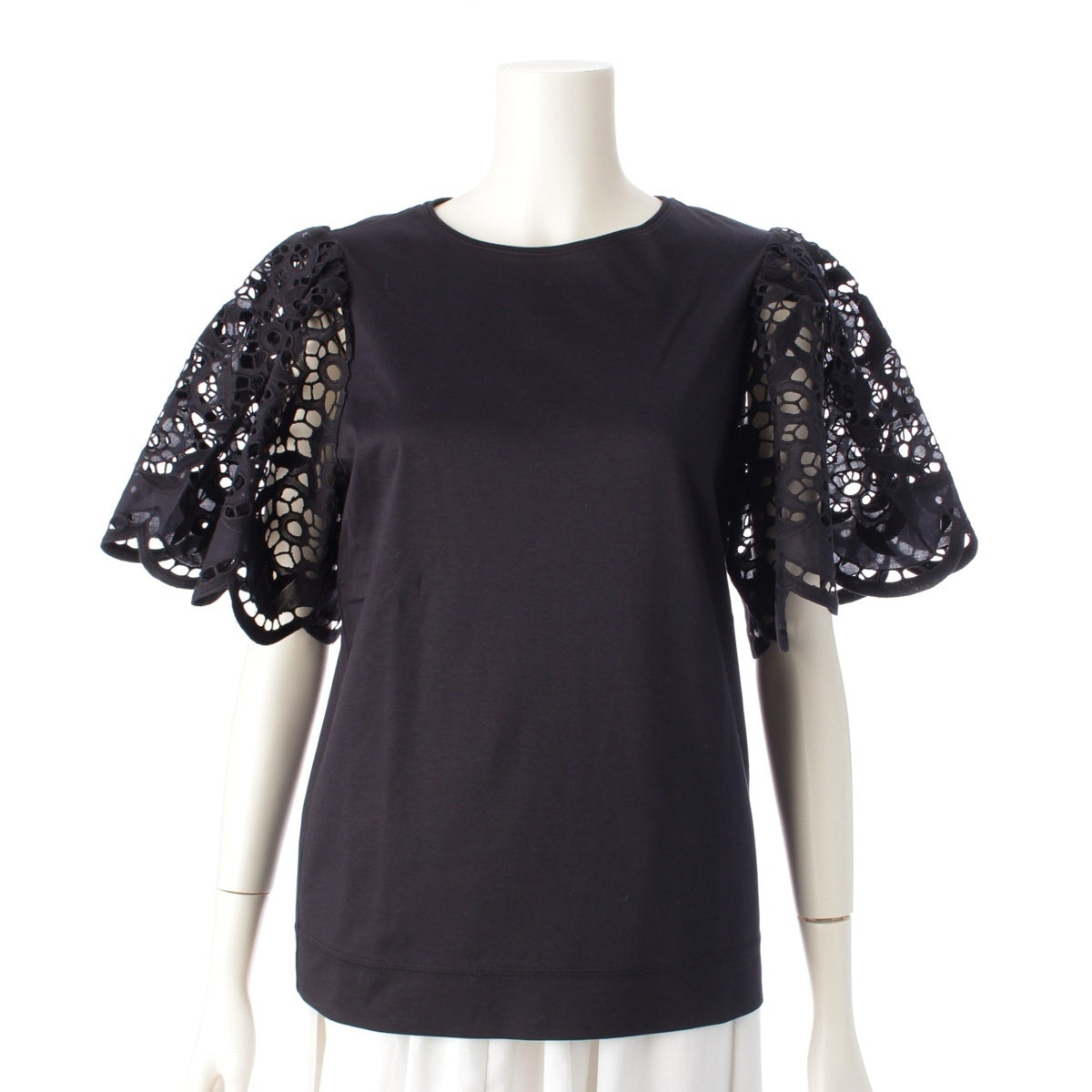 Drawer cotton lace crew neck Short sleeve T-shirt tops 6517-206-0642 black ‐