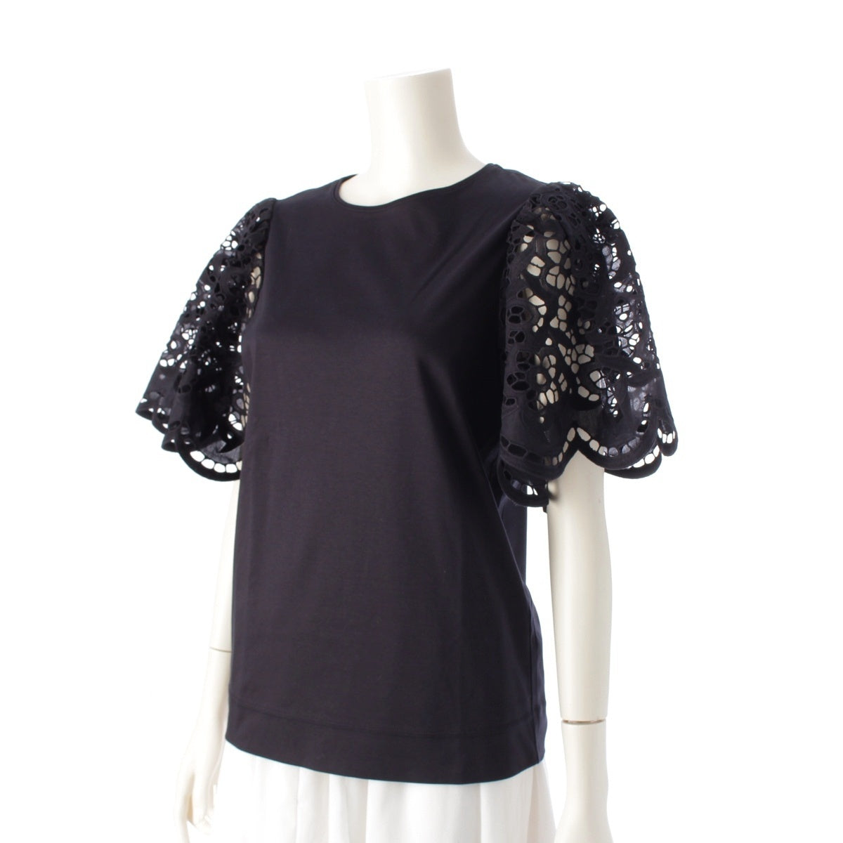 Drawer cotton lace crew neck Short sleeve T-shirt tops 6517-206-0642 black ‐
