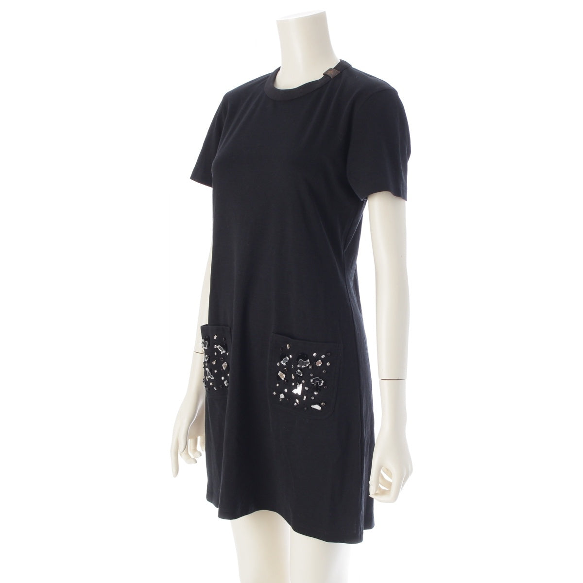 LOUIS VUITTON Monogram Bijou Crystal Short Sleeve one piece dress FHDB77JG2 black XS