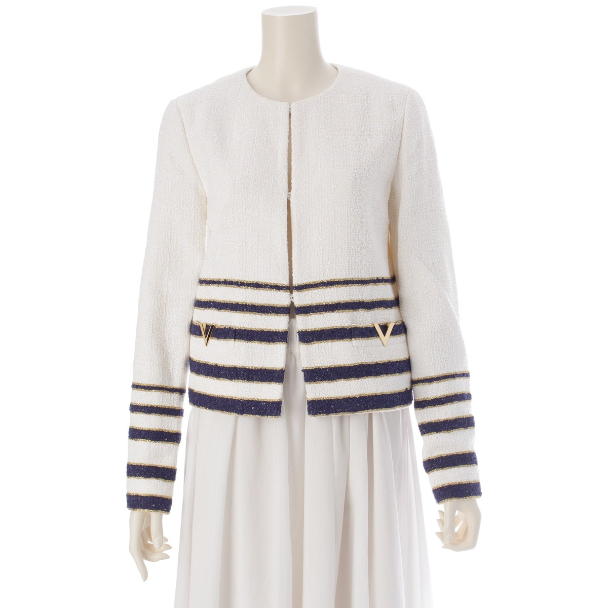 VALENTINO MARINIERE tweed No-collar V Signature tailored jacket white 38