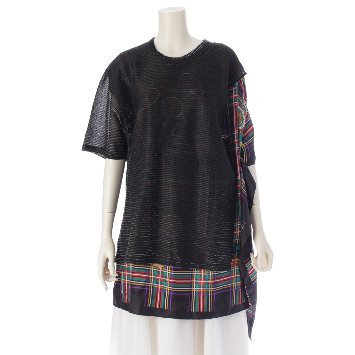JUNYA WATANABE Check Pattern Silk Docking Lurex Short sleeve T-shirt tops JO-T018 black S