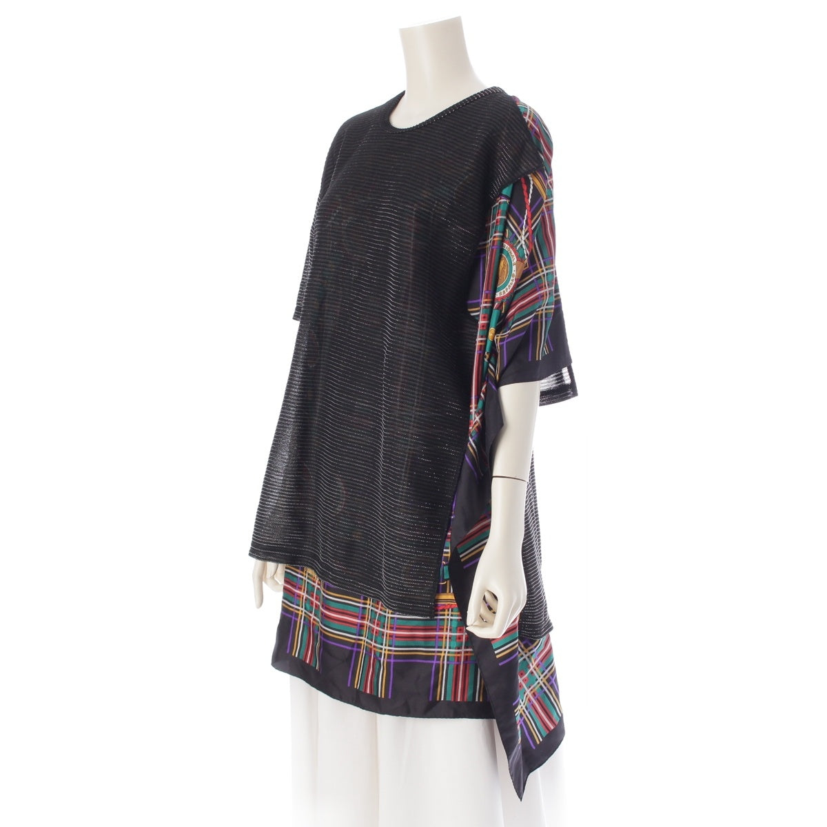 JUNYA WATANABE Check Pattern Silk Docking Lurex Short sleeve T-shirt tops JO-T018 black S