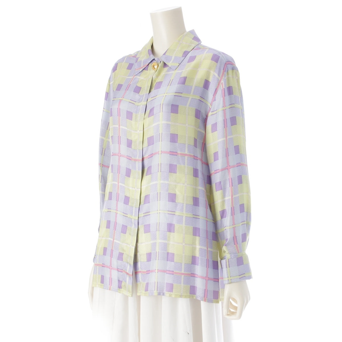 CELINE Triomphe Logo Button Check Long Sleeve blouse shirt multicolor