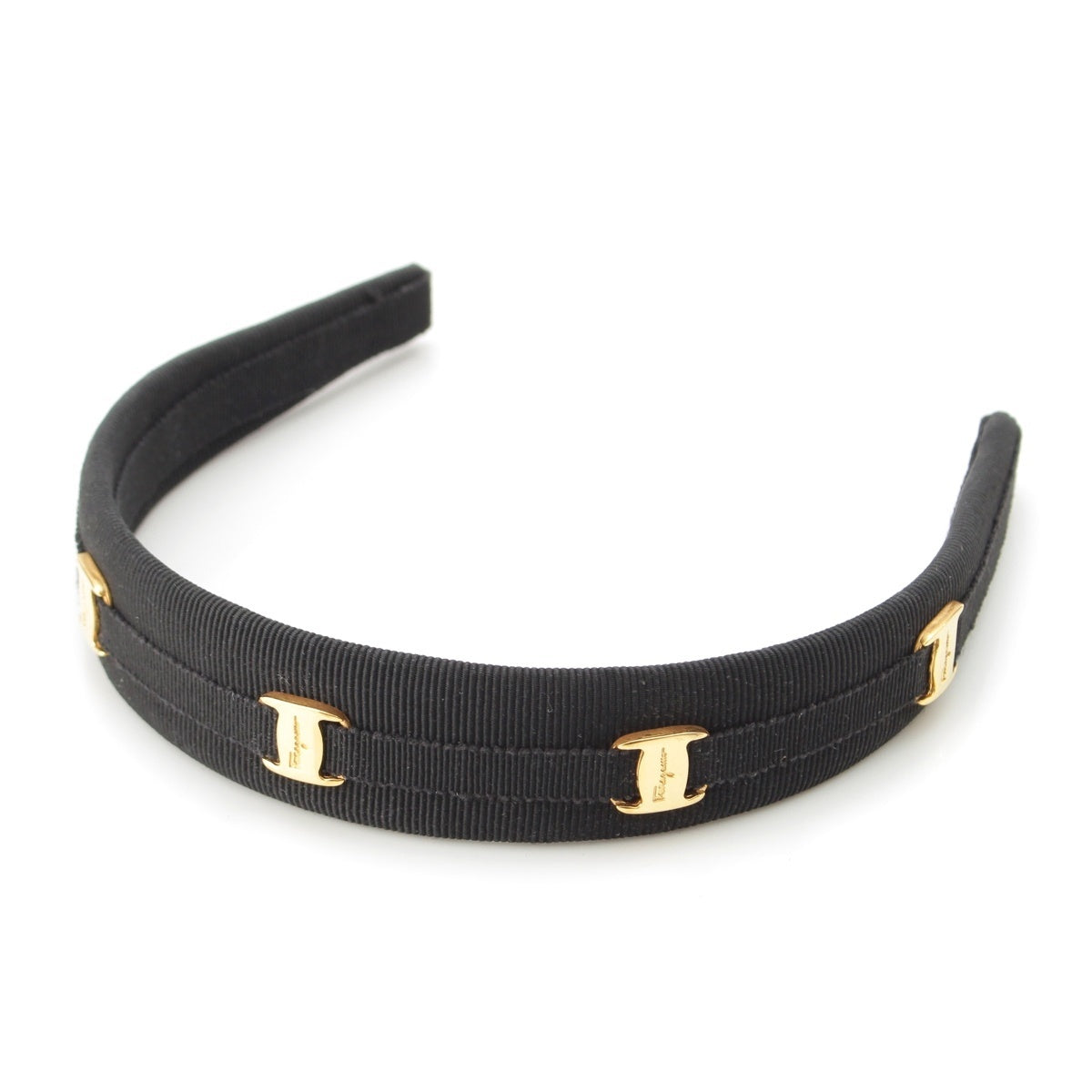 Salvatore Ferragamo Vintage Vara Metal Grosgrain Tape Headband hair accessory Black GP Gold