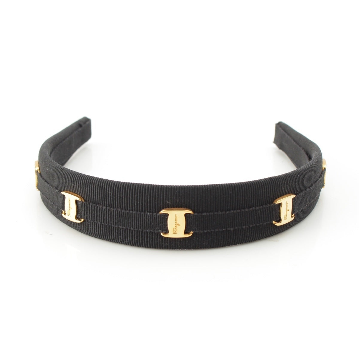 Salvatore Ferragamo Vintage Vara Metal Grosgrain Tape Headband hair accessory Black GP Gold