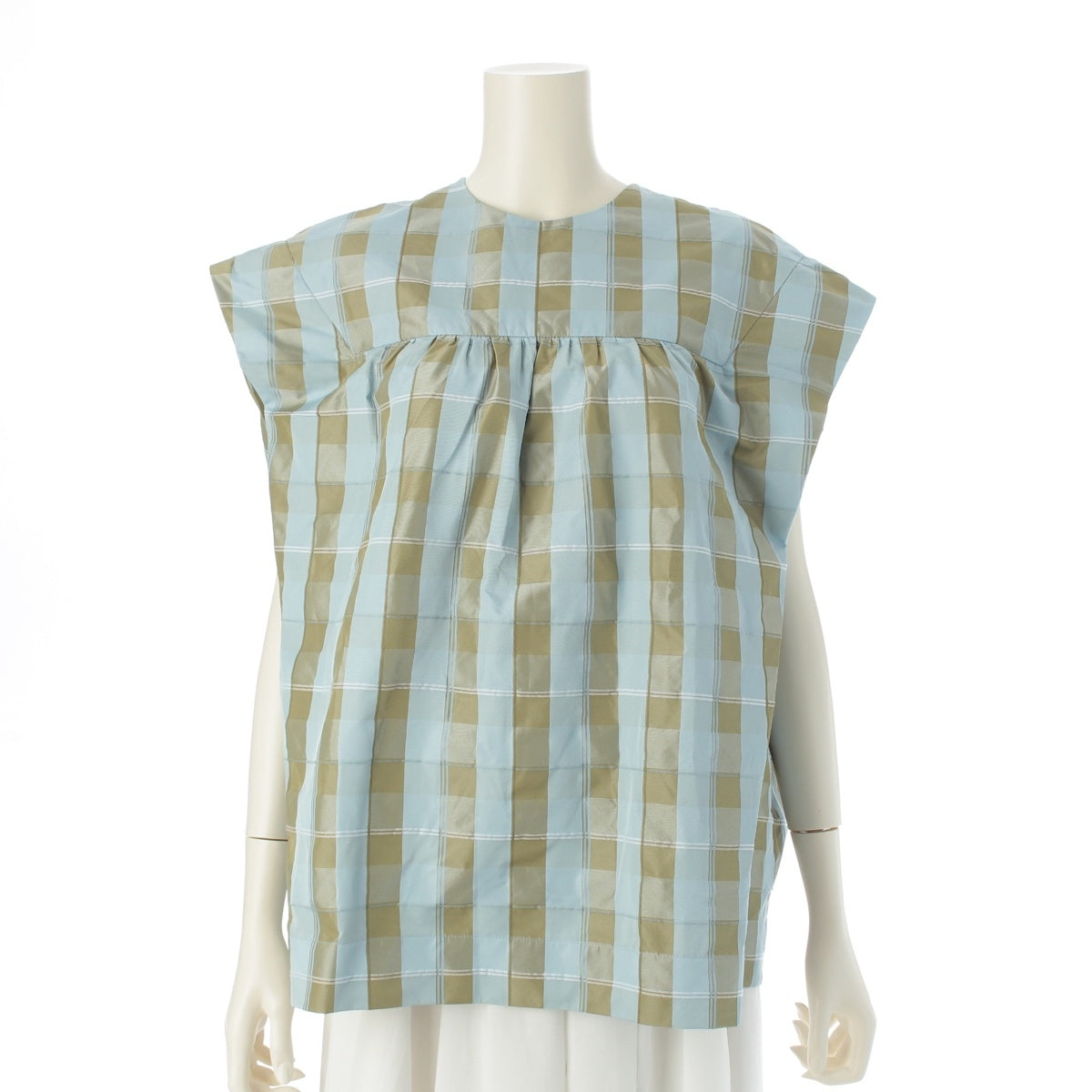 Drawer Silk cotton blend PRE1 Modified Check Gathered Collarless blouse tops 6521-299-1231 multicolor ‐