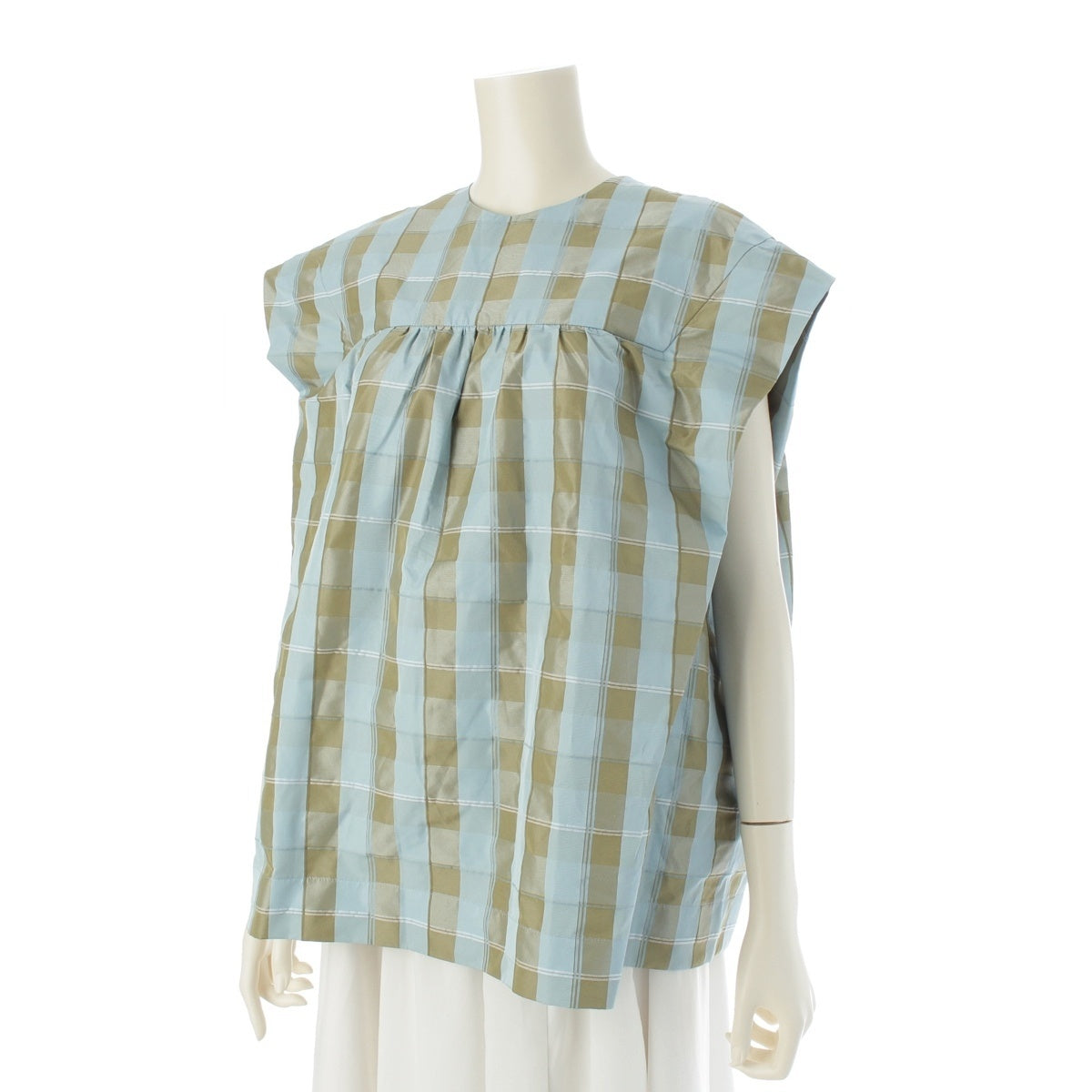 Drawer Silk cotton blend PRE1 Modified Check Gathered Collarless blouse tops 6521-299-1231 multicolor ‐