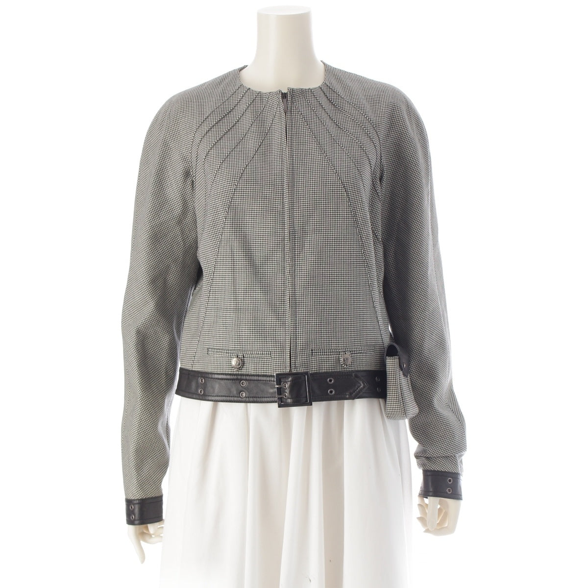 Dior Lamb leather x wool Galliano period no-collar houndstooth tailored jacket 2A12022180 Black series F40