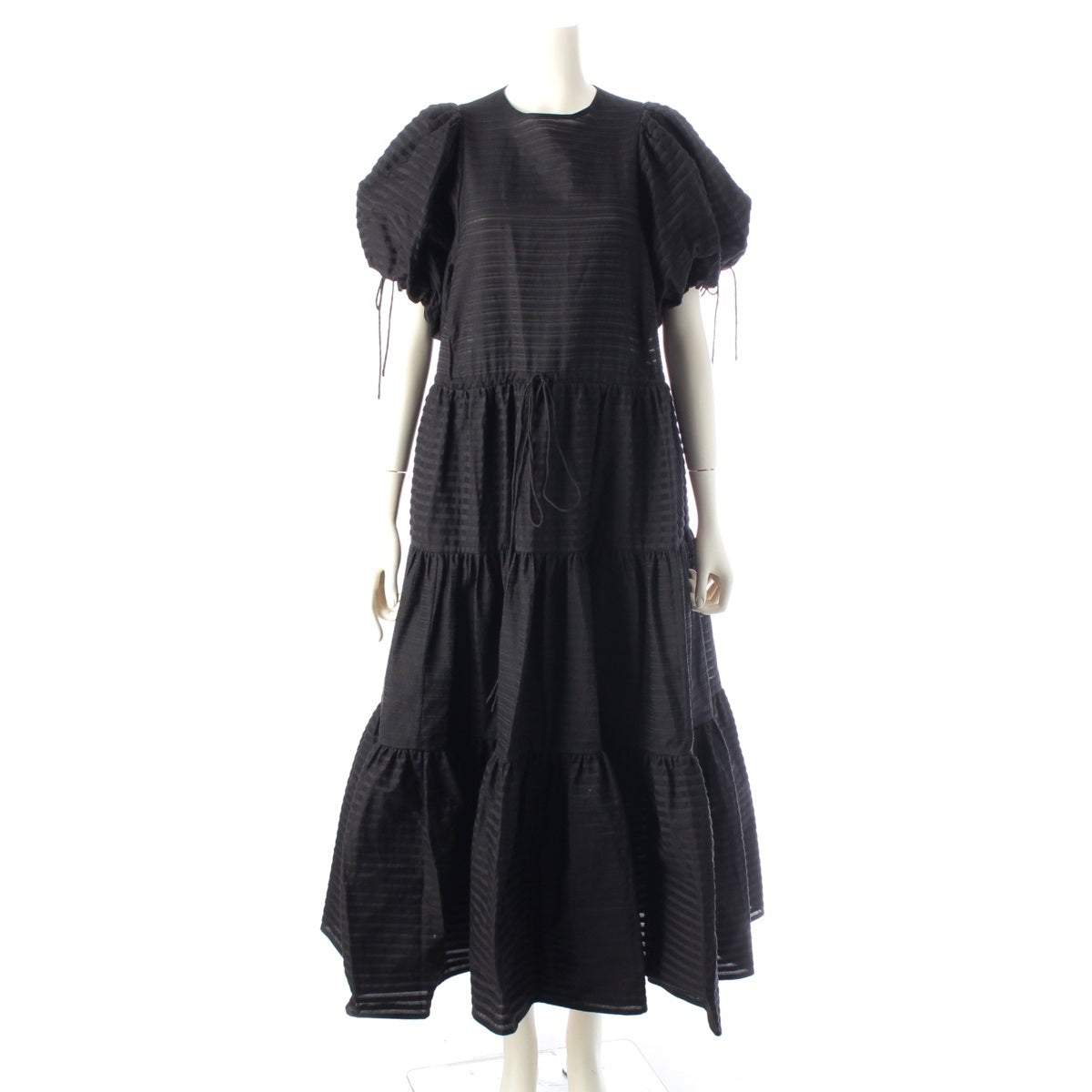 Drawer cotton Tuck puff sleeve border tiered long one piece dress 6526-299-1343 black 36