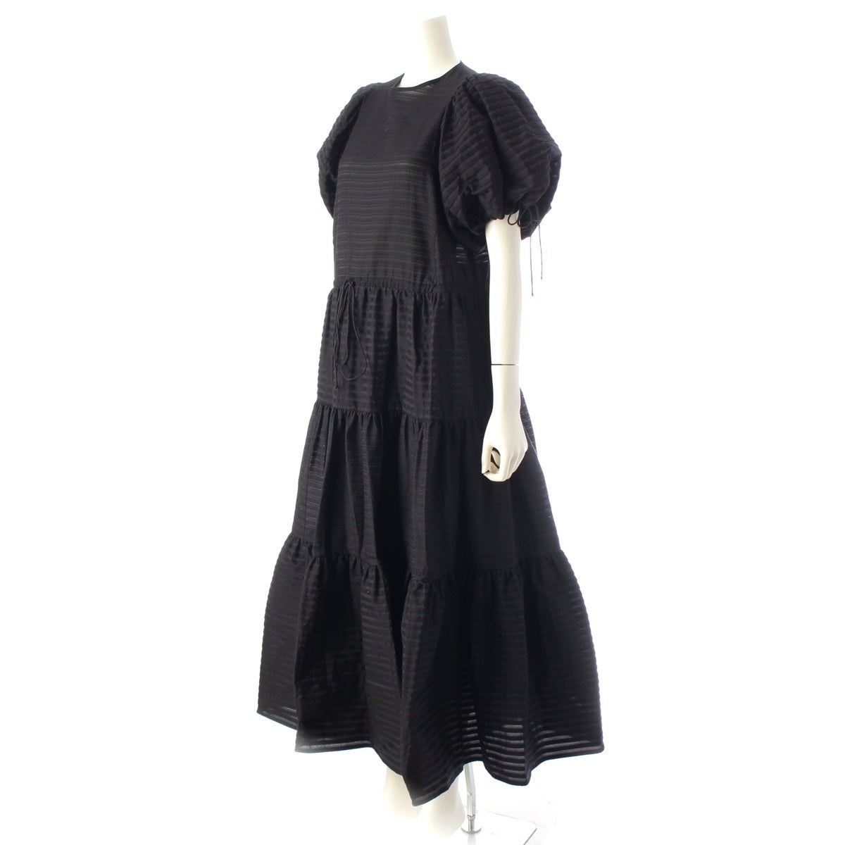Drawer cotton Tuck puff sleeve border tiered long one piece dress 6526-299-1343 black 36