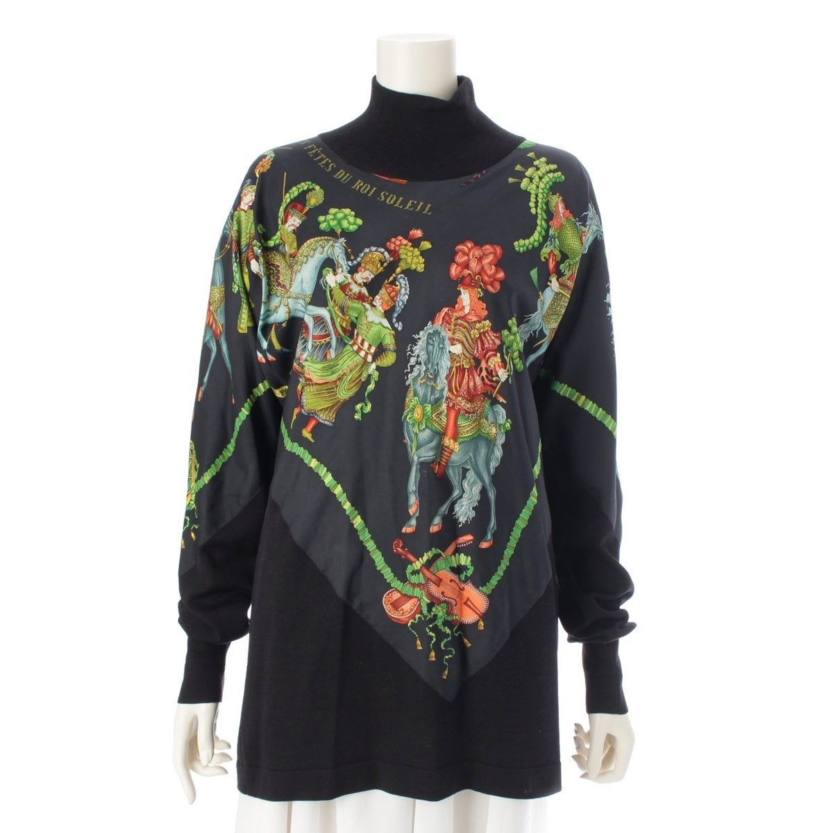 HERMES silk LES FETES DU ROI SOLEIL Vintage High Neck Tie knit tops black 36