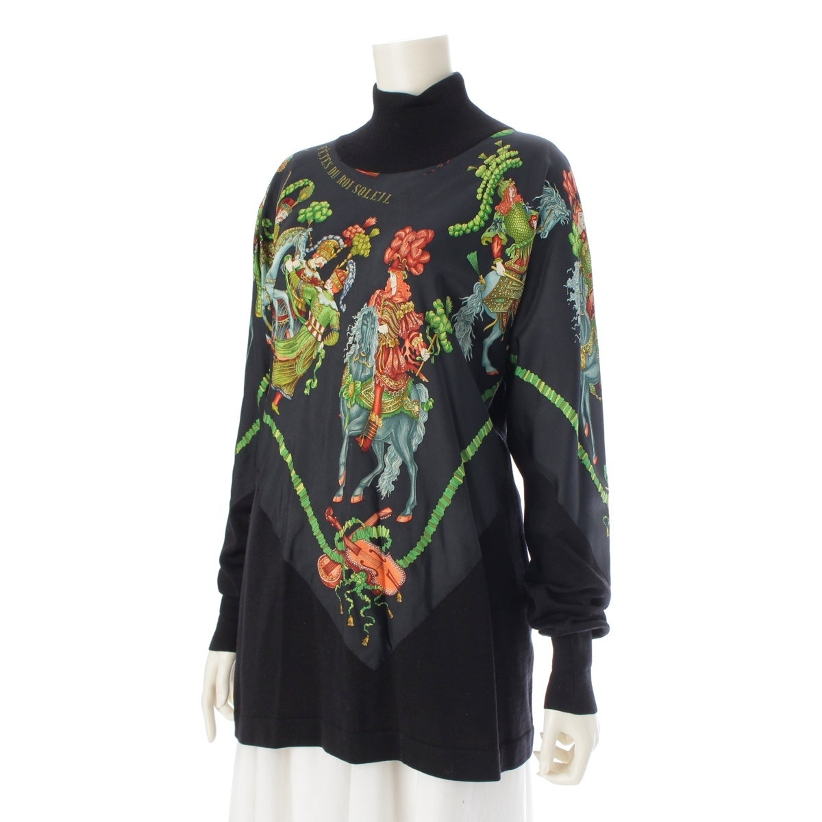HERMES silk LES FETES DU ROI SOLEIL Vintage High Neck Tie knit tops black 36