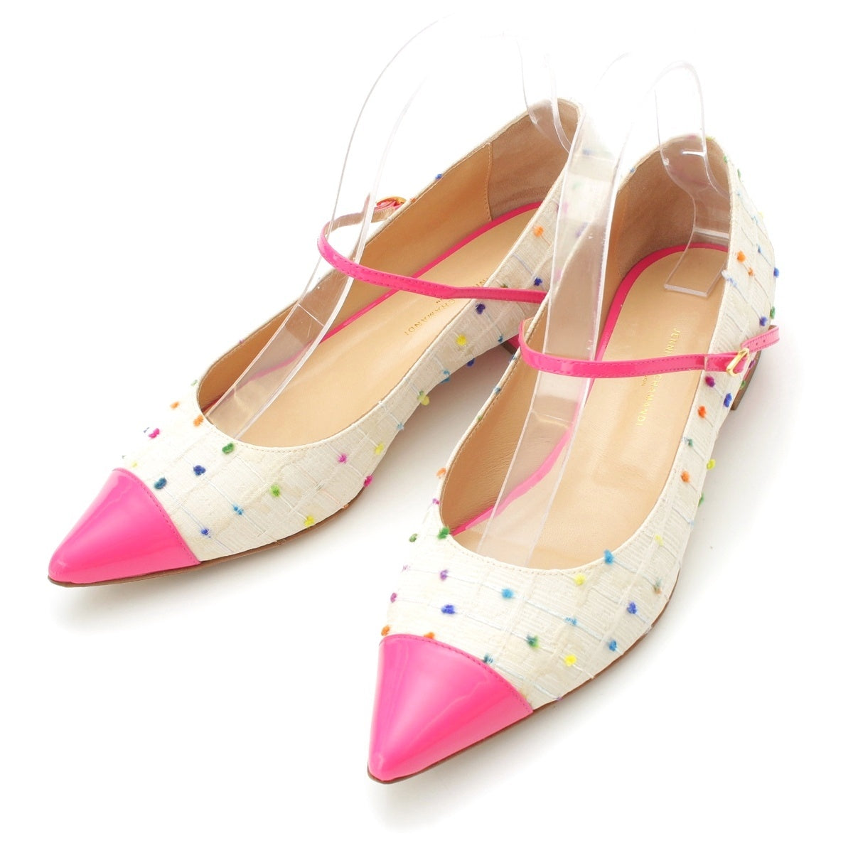 Jennifer Chamandi tweed Patent leather pointed toe strappy flats pumps shoes multicolor 39