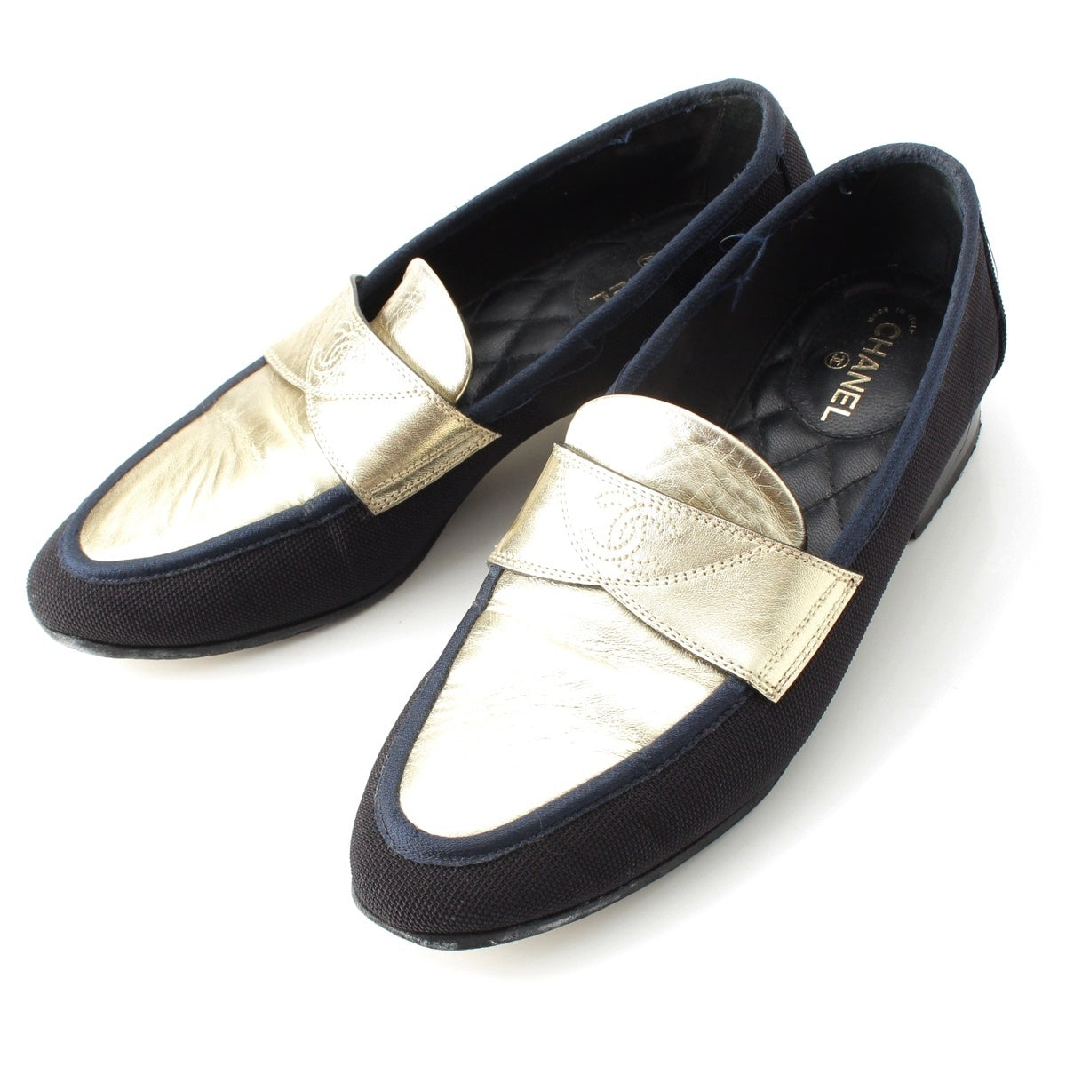 CHANEL Mesh Leather COCO Mark Flat shoes shoes Black gold 36C