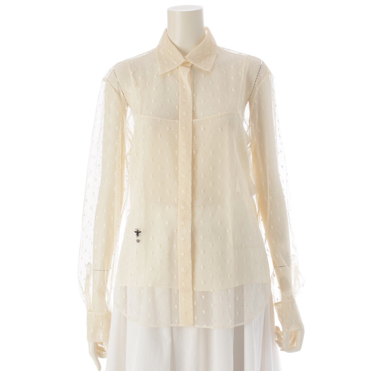 Christian Dior See-through dot tulle lace bee embroidery blouse Long Sleeve Shirt Tops 141B27A8656 beige