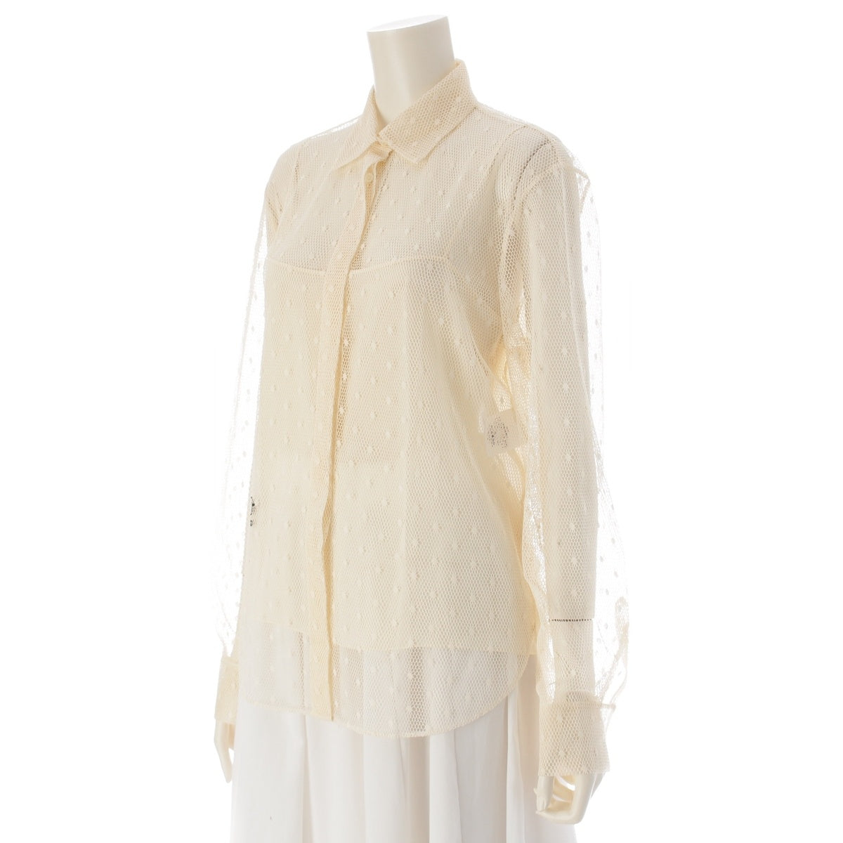 Christian Dior See-through dot tulle lace bee embroidery blouse Long Sleeve Shirt Tops 141B27A8656 beige