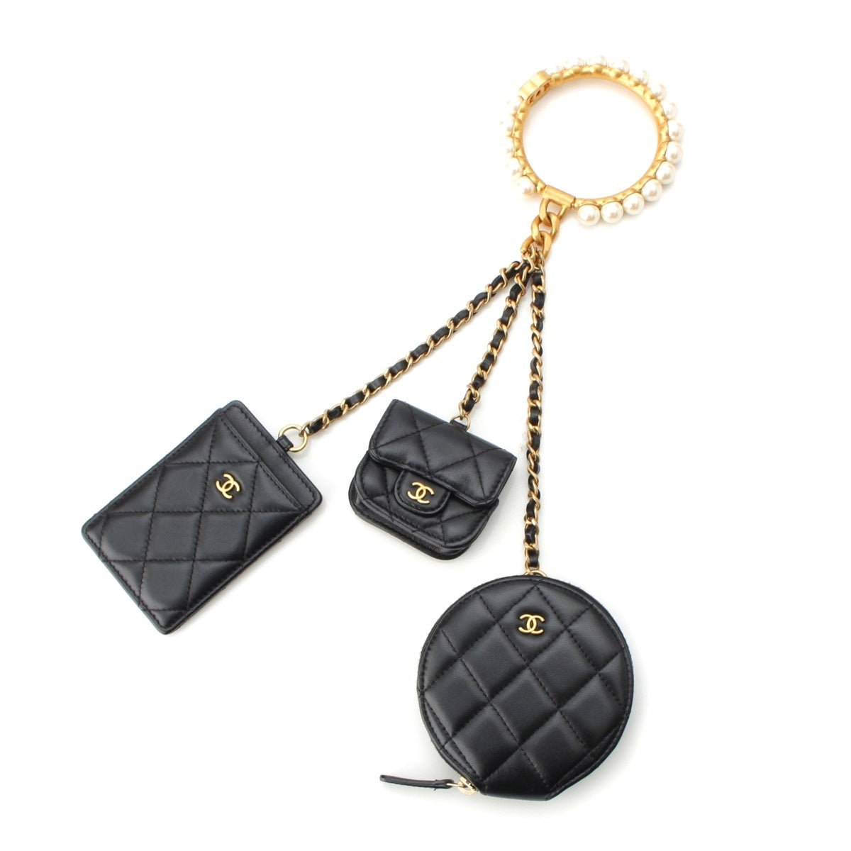 CHANEL lambskin Matelasse COCO Mark Pearl Crown Handle Multi Pouch black