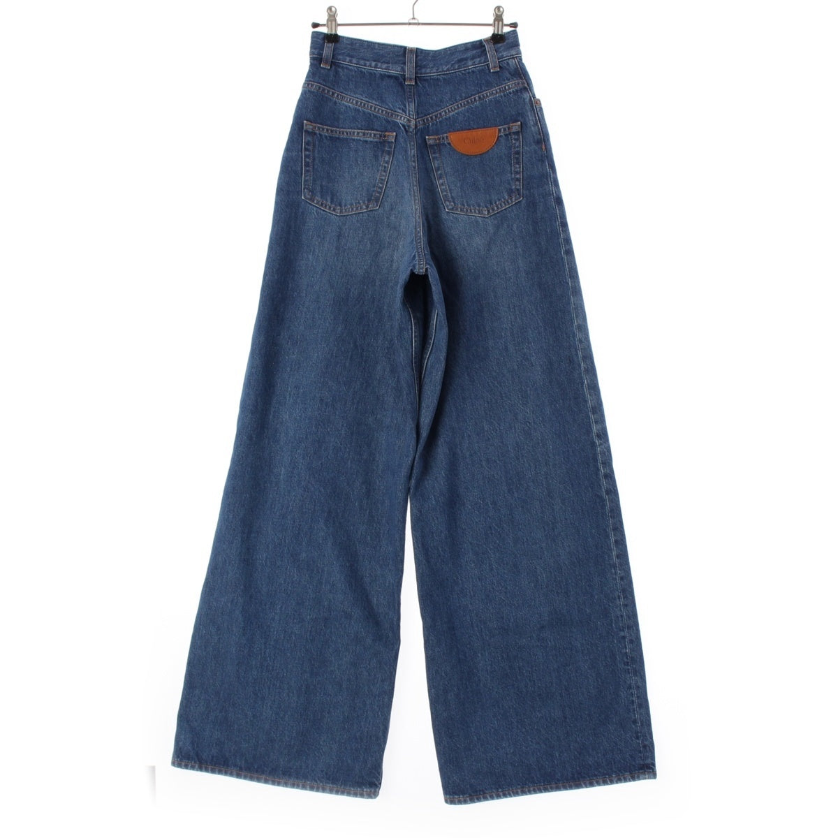Chloe Logo leather patch wide leg jeans Denim pants night blue 24