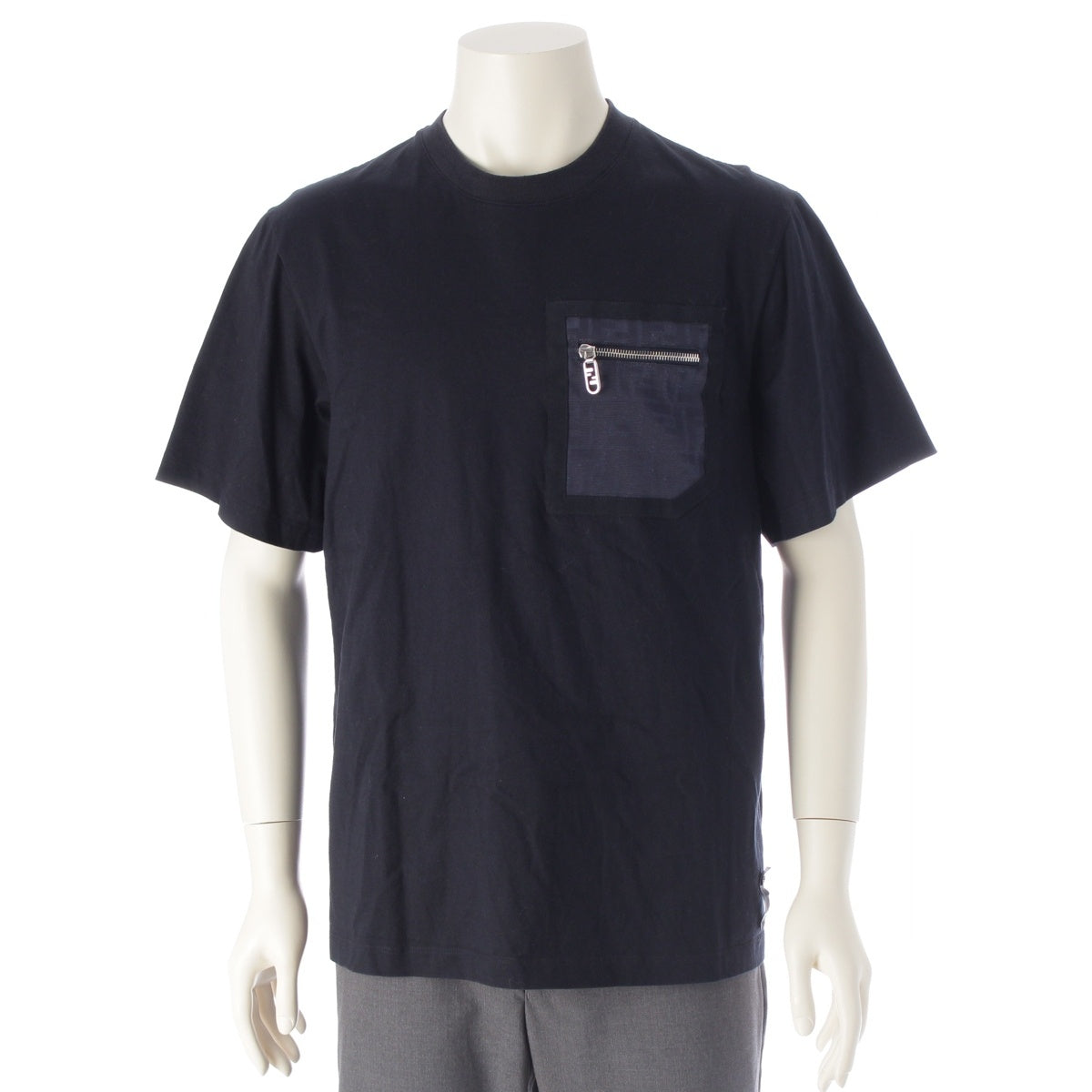 FENDI cotton FF Jacquard Zucca Pocket Zipper Zipper Short sleeve T-shirt tops FY1257 Navy S