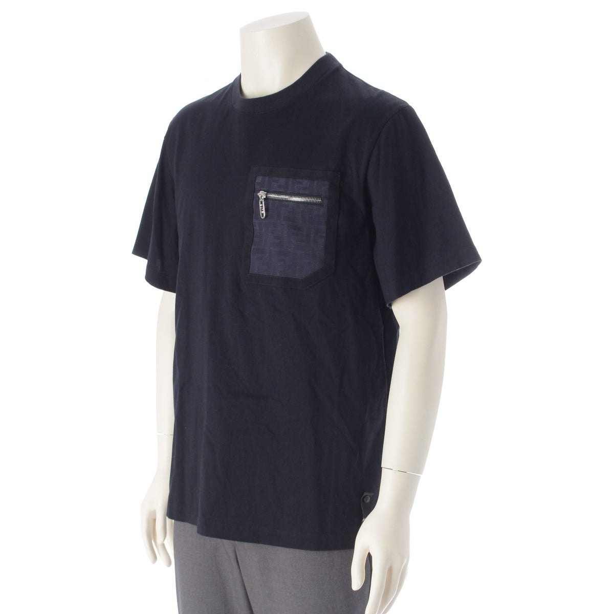 FENDI cotton FF Jacquard Zucca Pocket Zipper Zipper Short sleeve T-shirt tops FY1257 Navy S