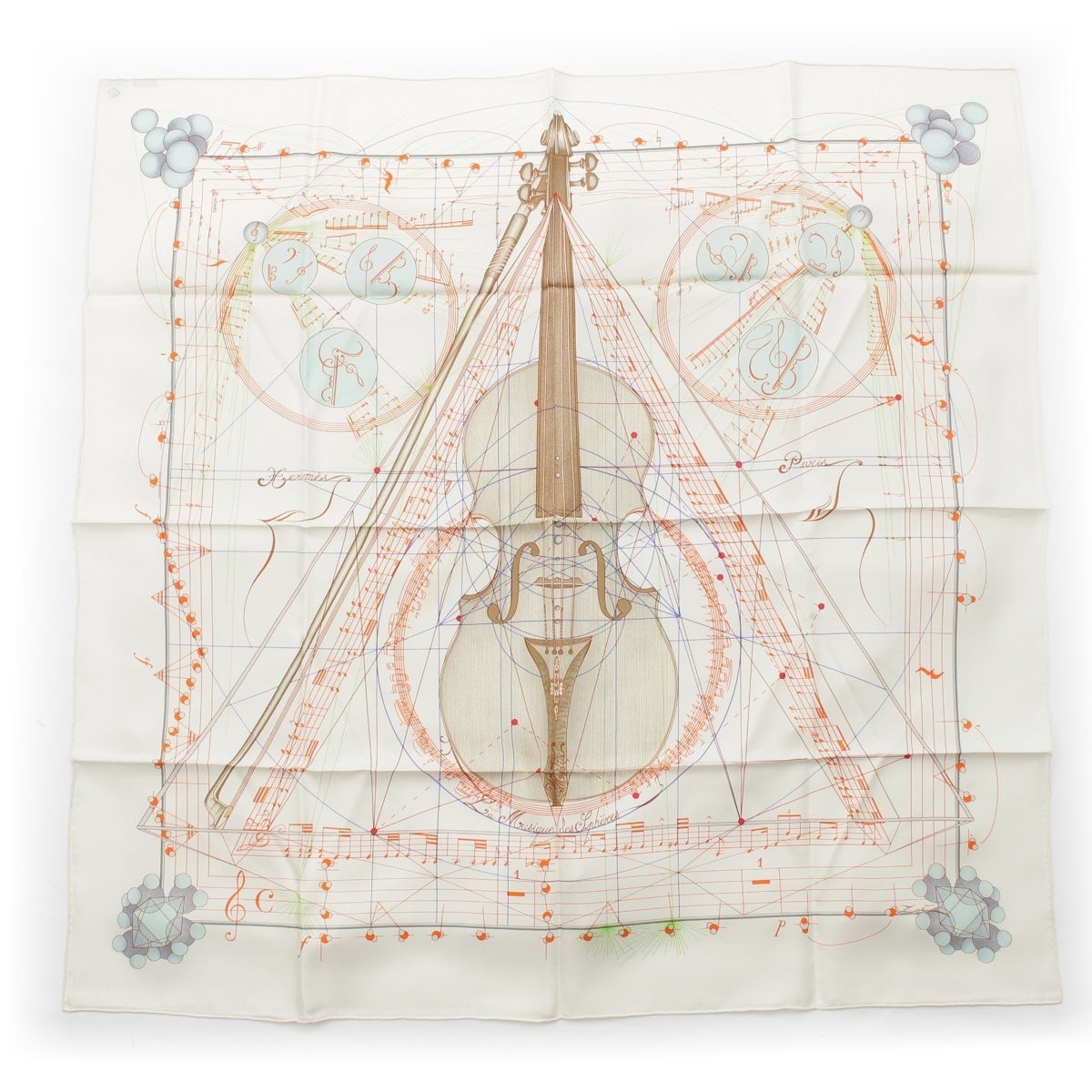 HERMES Calle 90 La Musique des spheres Music played by spheres silk scarf off white