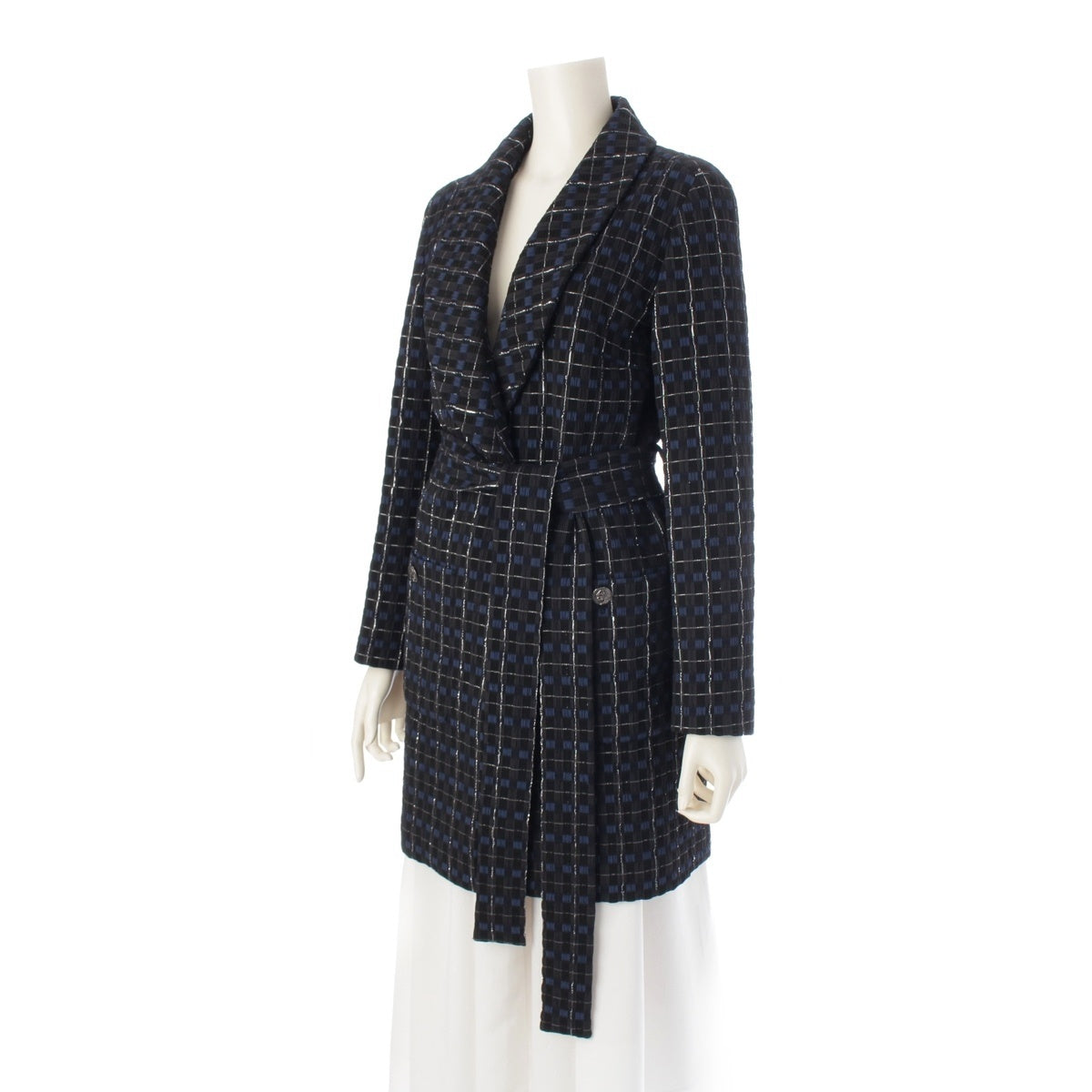 CHANEL Nylon Check Pattern Belted Gown outer coat P54357 blue 34