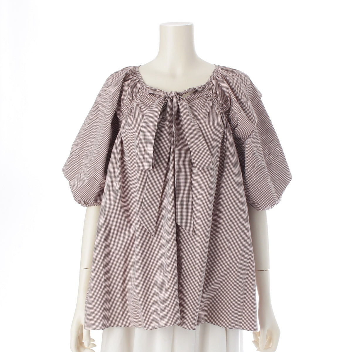 Cecilie Bahnsen cotton READY TO WEAR PALOMA TOPS Paloma Puff Sleeve Gingham Check Short sleeve shirt tops White brown UK8 US4
