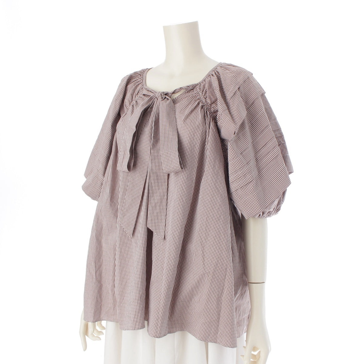 Cecilie Bahnsen cotton READY TO WEAR PALOMA TOPS Paloma Puff Sleeve Gingham Check Short sleeve shirt tops White brown UK8 US4